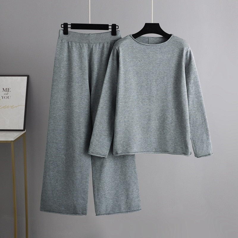 Solid Soft Knitted Wide-Leg Pants Set-Soco Hoodie