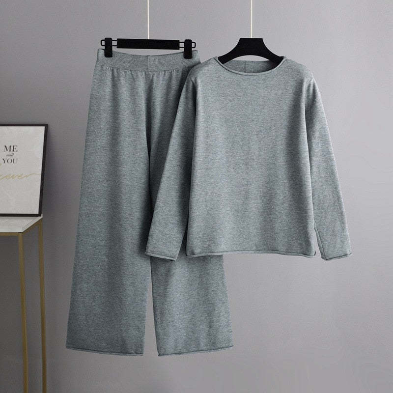 Solid Soft Knitted Wide-Leg Pants Set-Soco Hoodie