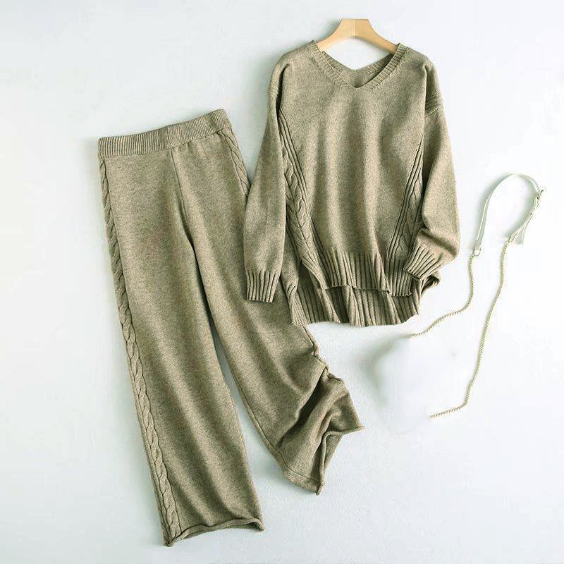 Winter Twist Knitted Wide Leg Pant Sets-Soco Hoodie