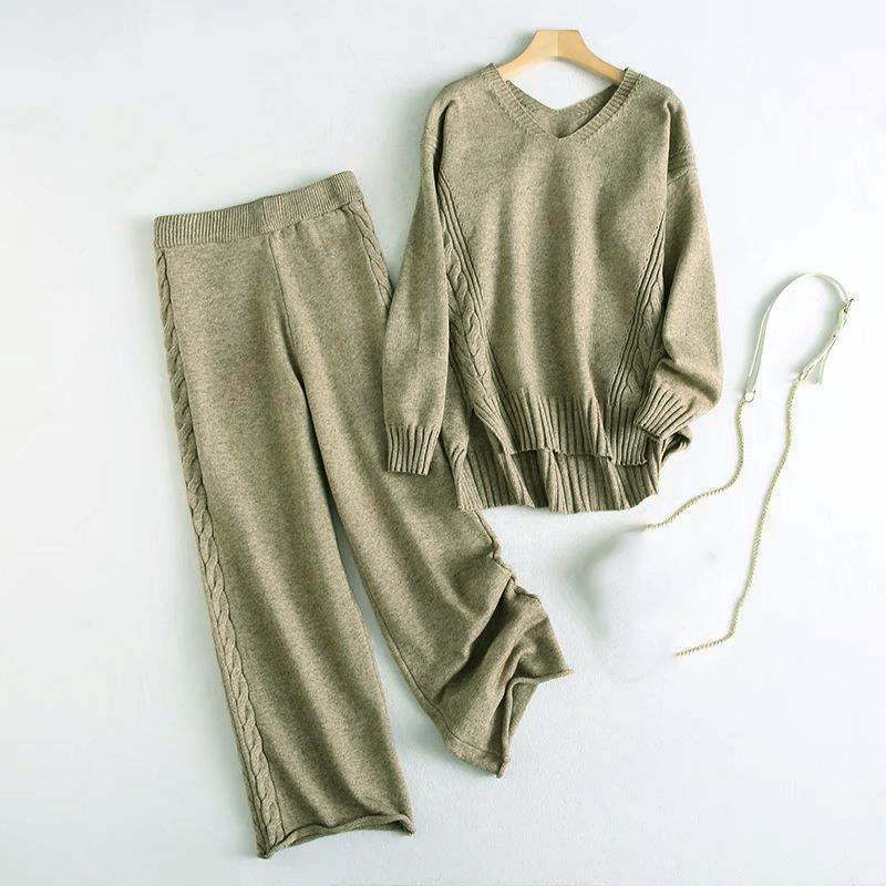 Winter Twist Knitted Wide Leg Pant Sets-Soco Hoodie
