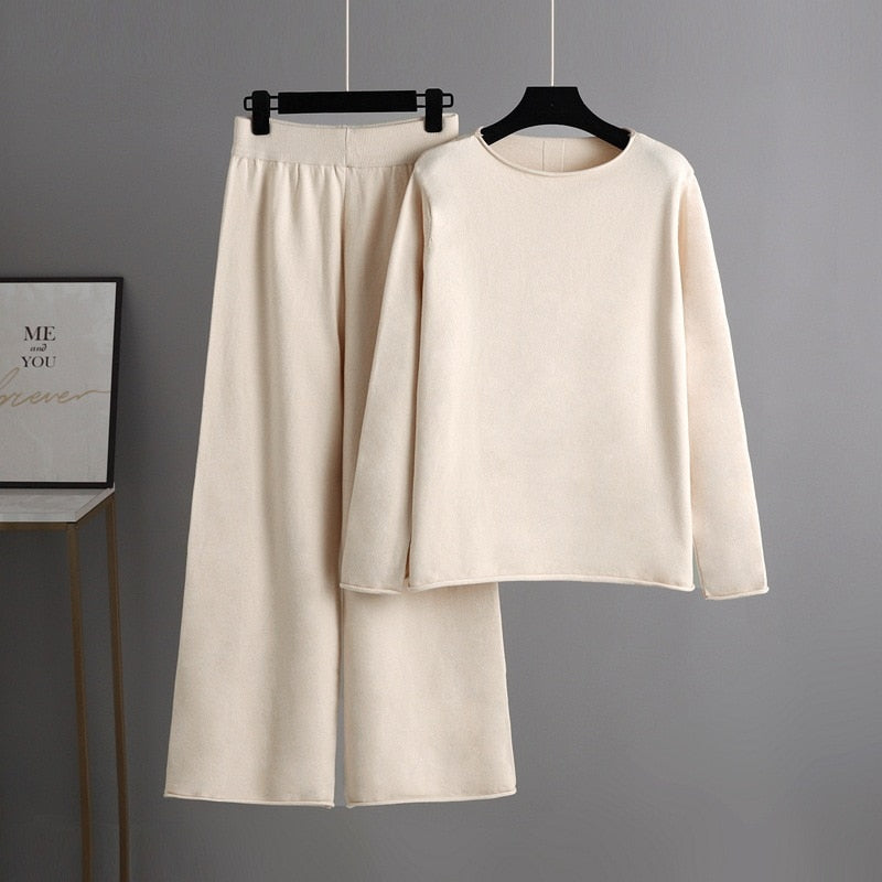 Solid Soft Knitted Wide-Leg Pants Set-Soco Hoodie