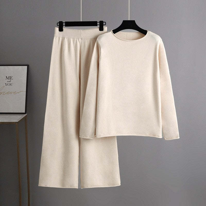 Solid Soft Knitted Wide-Leg Pants Set-Soco Hoodie