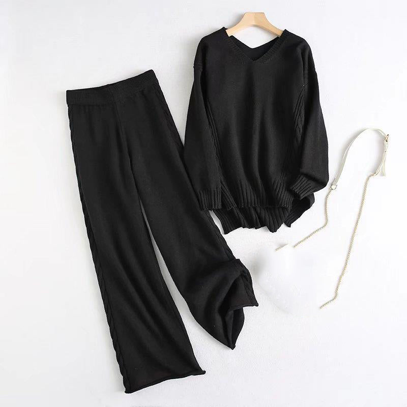 Winter Twist Knitted Wide Leg Pant Sets-Soco Hoodie