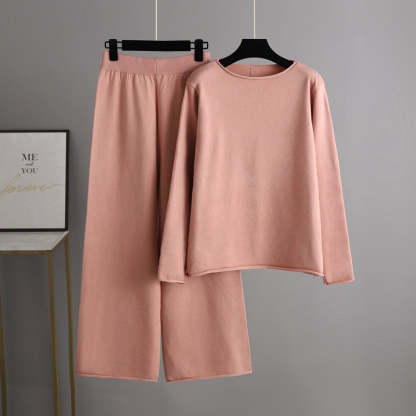 Solid Soft Knitted Wide-Leg Pants Set-Soco Hoodie
