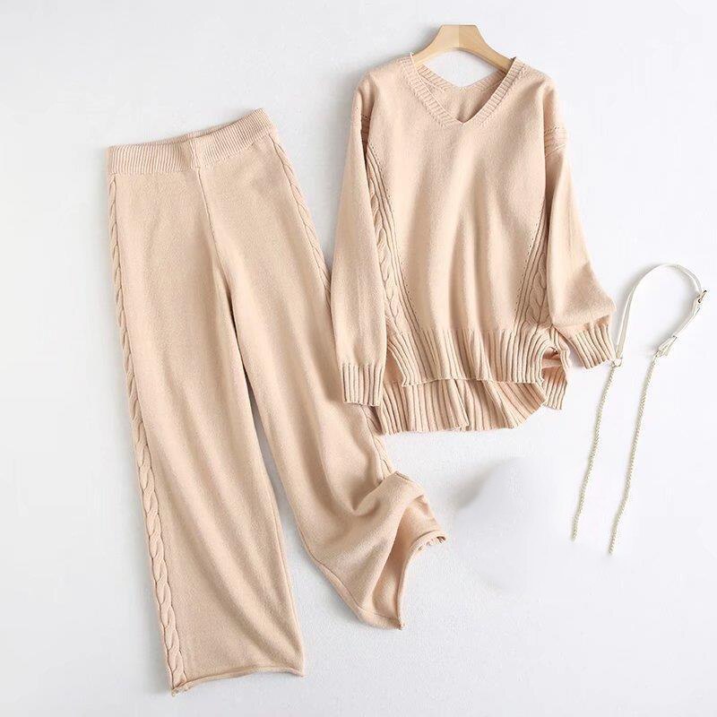 Winter Twist Knitted Wide Leg Pant Sets-Soco Hoodie