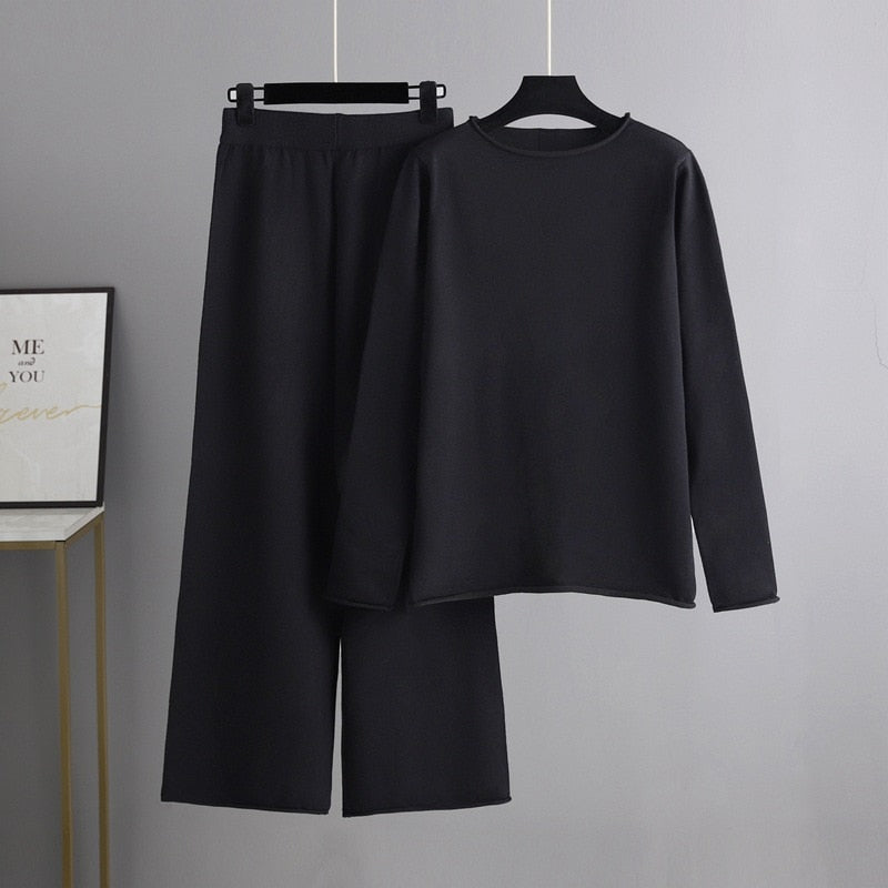 Solid Soft Knitted Wide-Leg Pants Set-Soco Hoodie