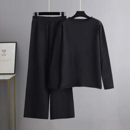 Solid Soft Knitted Wide-Leg Pants Set-Soco Hoodie