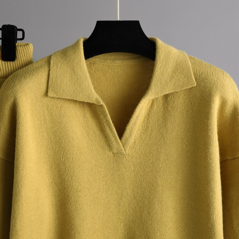 Women Knitted Collared 2 Piece Set-Soco Hoodie