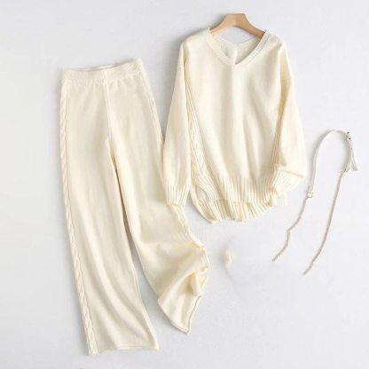 Winter Twist Knitted Wide Leg Pant Sets-Soco Hoodie