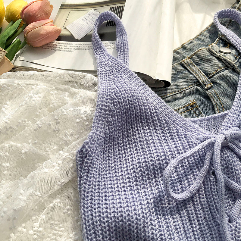 Casual Solid Cross Tie Bow Cami's-Soco Hoodie