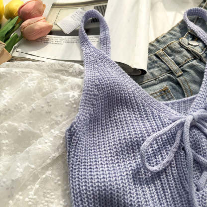 Casual Solid Cross Tie Bow Cami's-Soco Hoodie