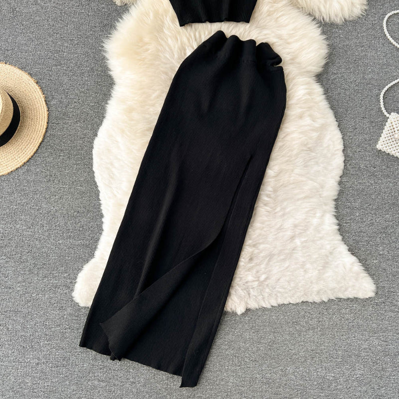 2 Pieces Retro Suspender Knitted Skirt Set-Soco Hoodie