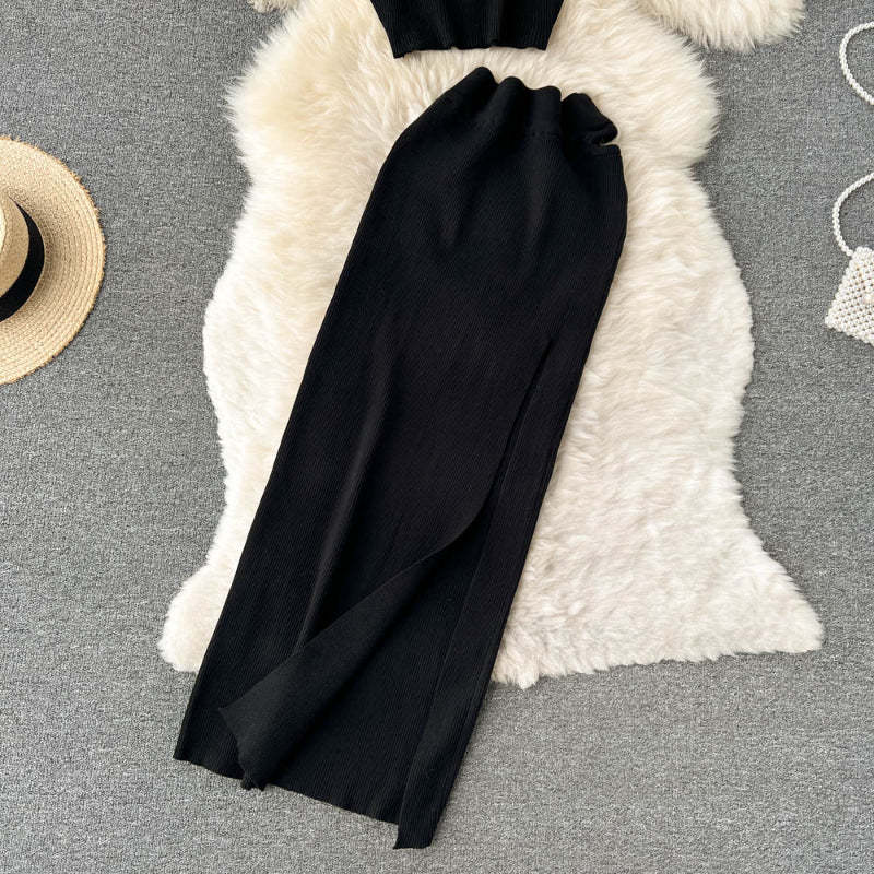 2 Pieces Retro Suspender Knitted Skirt Set-Soco Hoodie