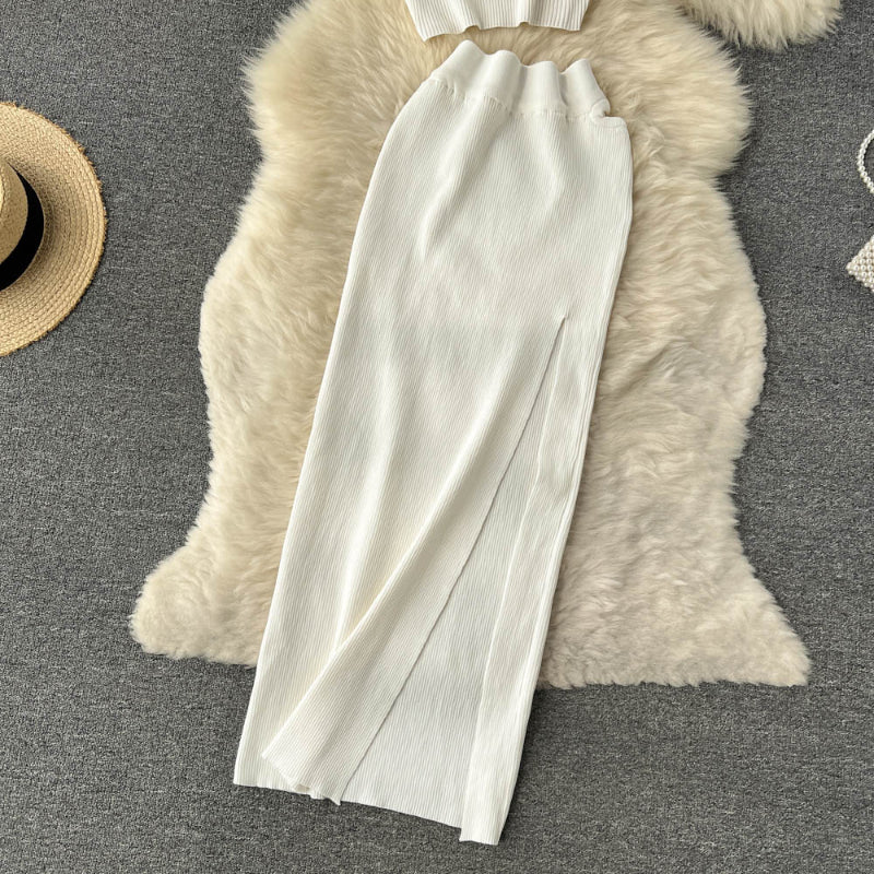 2 Pieces Retro Suspender Knitted Skirt Set-Soco Hoodie