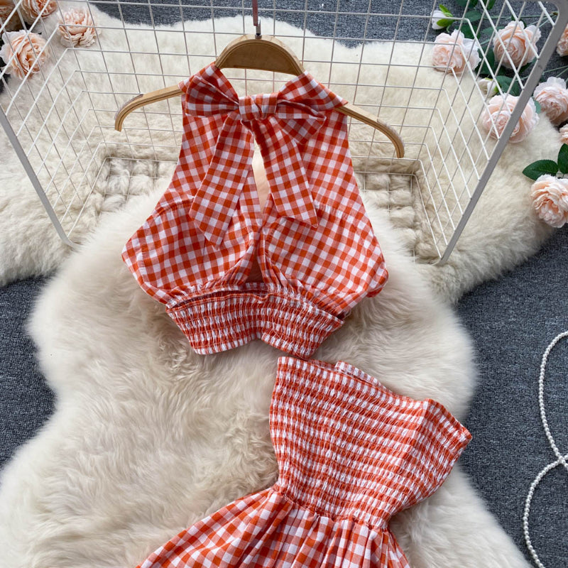 Women Halter Neck Plaid Design Skirt Set-Soco Hoodie