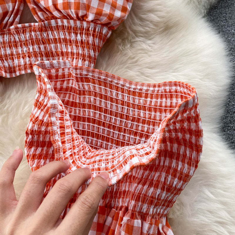 Women Halter Neck Plaid Design Skirt Set-Soco Hoodie