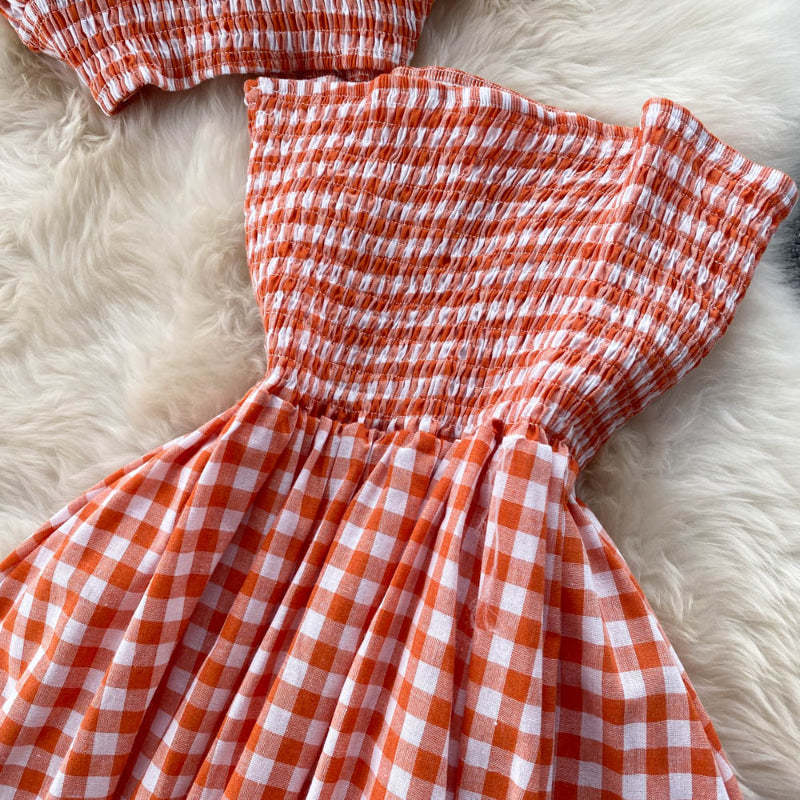 Women Halter Neck Plaid Design Skirt Set-Soco Hoodie