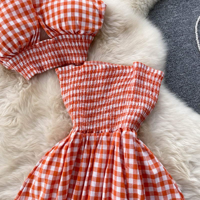 Women Halter Neck Plaid Design Skirt Set-Soco Hoodie