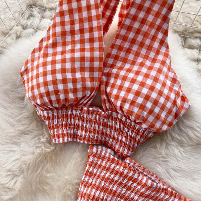 Women Halter Neck Plaid Design Skirt Set-Soco Hoodie