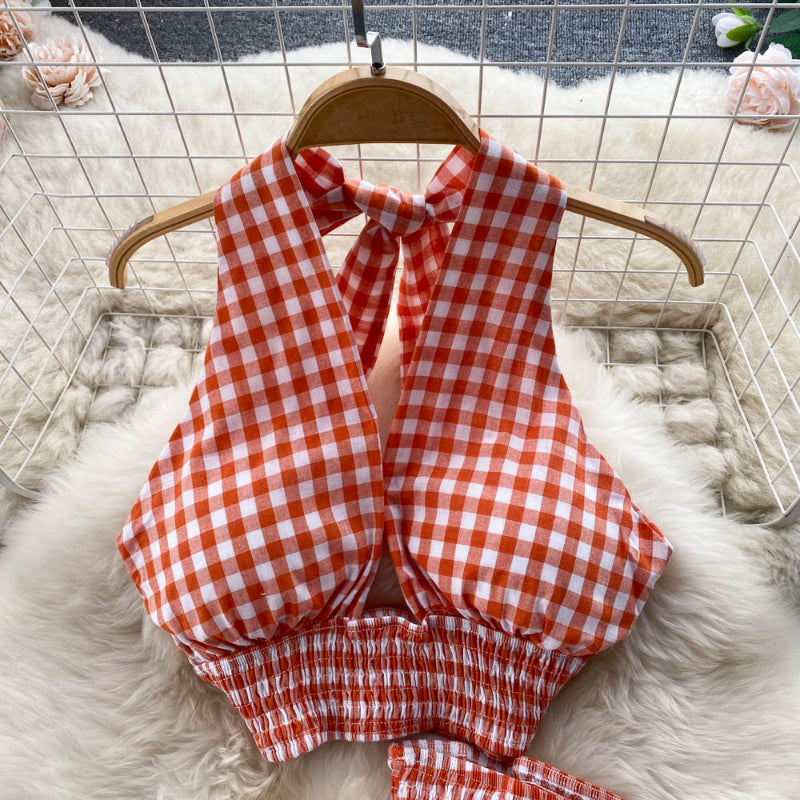 Women Halter Neck Plaid Design Skirt Set-Soco Hoodie