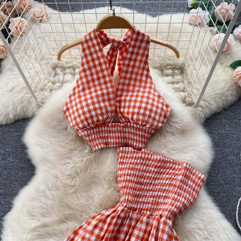 Women Halter Neck Plaid Design Skirt Set-Soco Hoodie