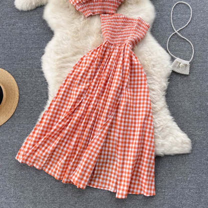 Women Halter Neck Plaid Design Skirt Set-Soco Hoodie