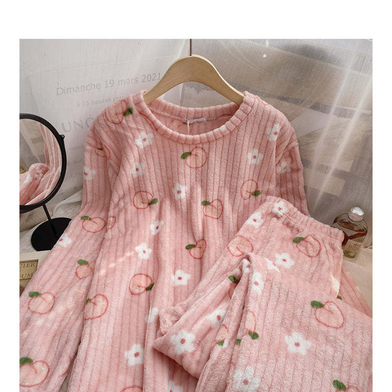 Strawberry Printed Velvet Pajama Set For Women-Soco Hoodie