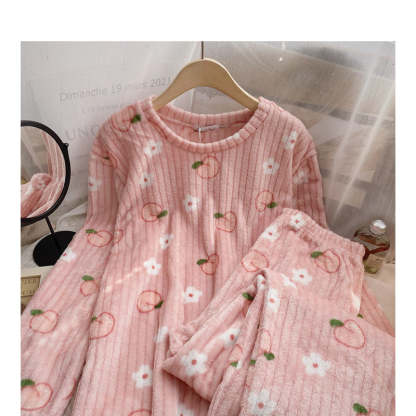 Strawberry Printed Velvet Pajama Set For Women-Soco Hoodie