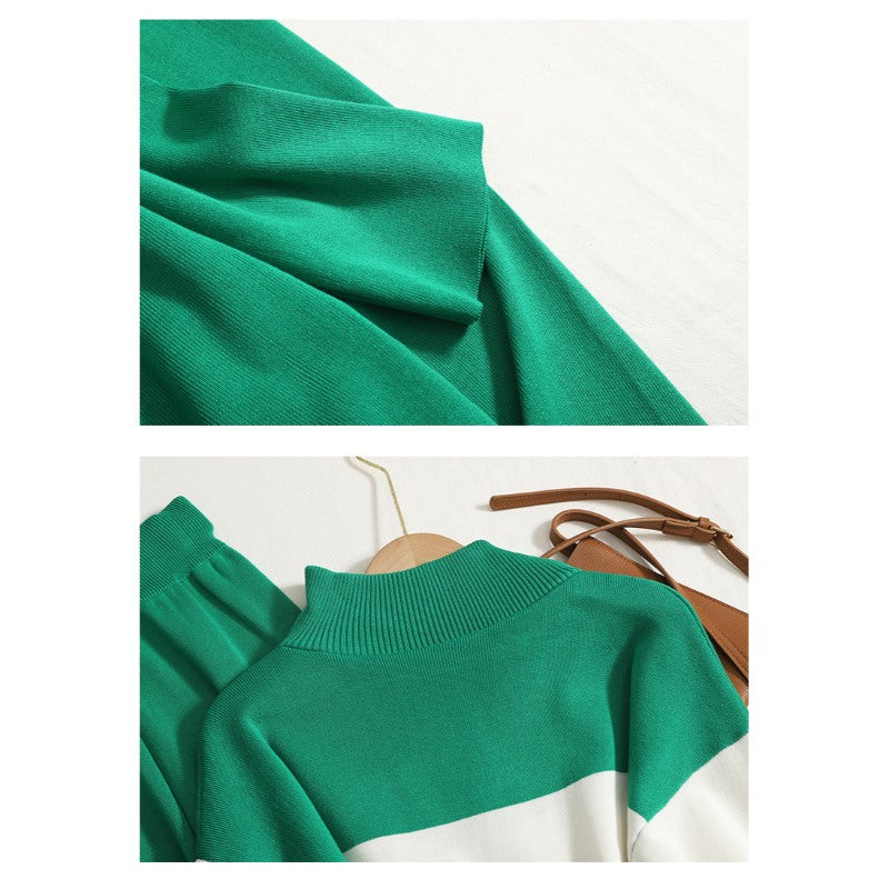 Turtleneck Striped Knit Pants Suit For Women-Soco Hoodie