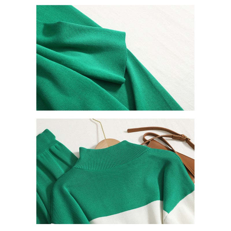 Turtleneck Striped Knit Pants Suit For Women-Soco Hoodie