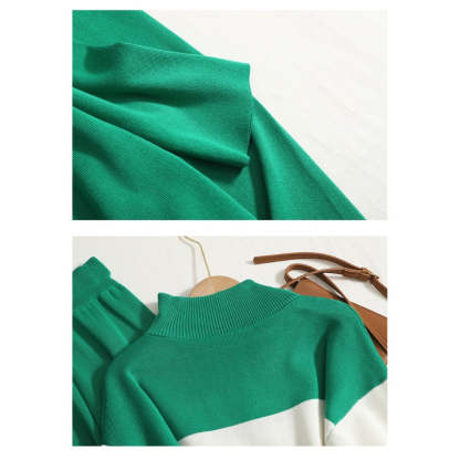 Turtleneck Striped Knit Pants Suit For Women-Soco Hoodie