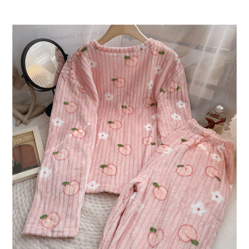 Strawberry Printed Velvet Pajama Set For Women-Soco Hoodie