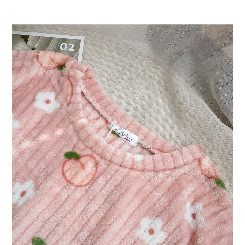 Strawberry Printed Velvet Pajama Set For Women-Soco Hoodie