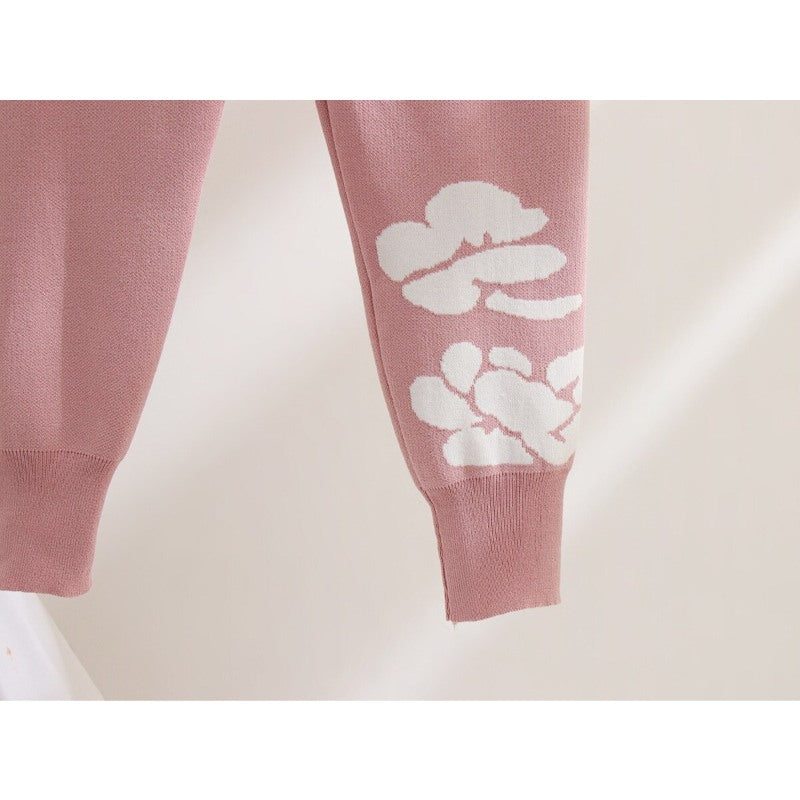 Casual Flower Printed Knitted Two-Piece Set For Women-Soco Hoodie