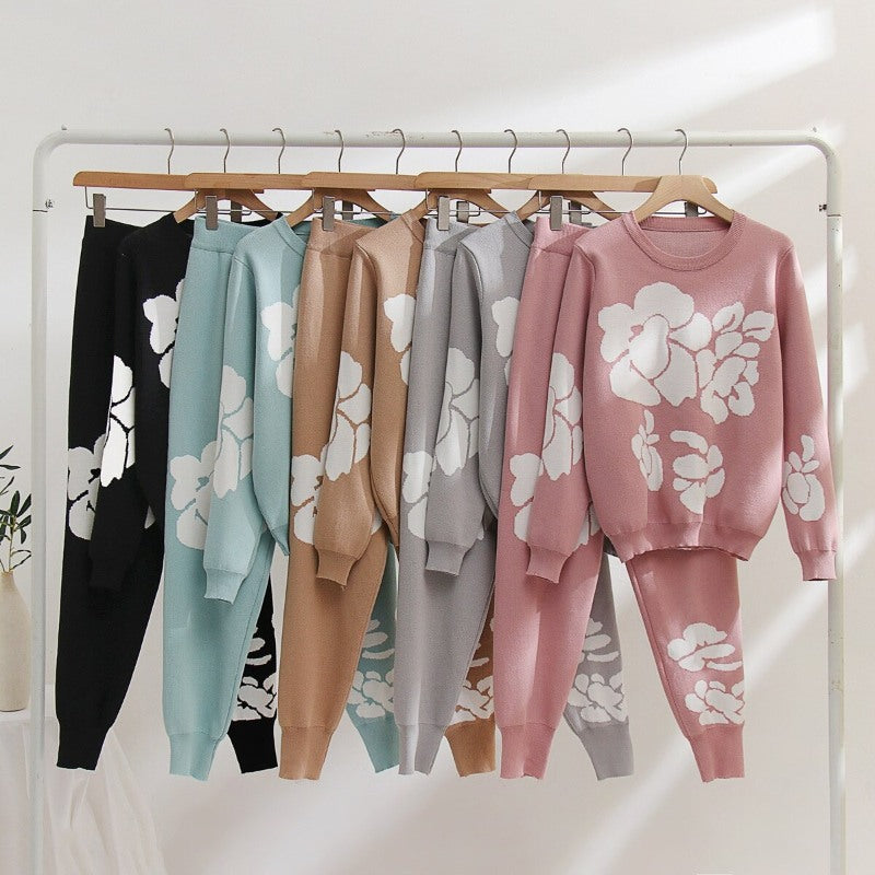 Casual Flower Printed Knitted Two-Piece Set For Women-Soco Hoodie