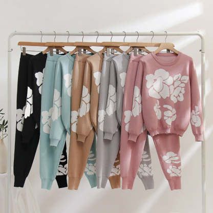 Casual Flower Printed Knitted Two-Piece Set For Women-Soco Hoodie