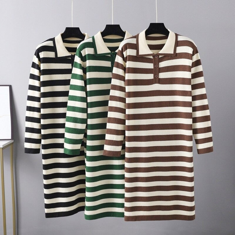 Casual Loose Stripe Knitted Warm Sweater Dress For Women-Soco Hoodie