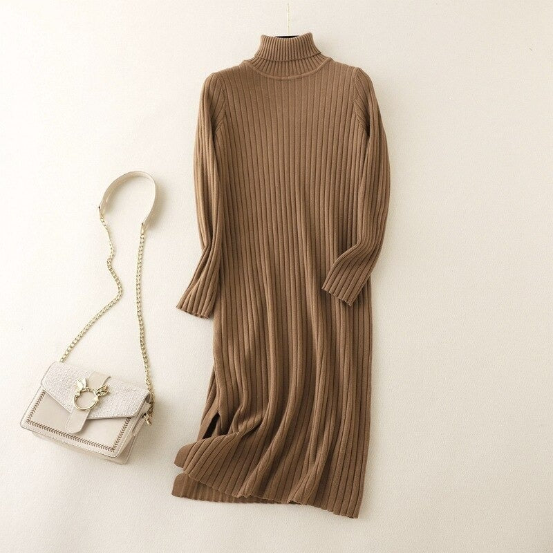 Turtleneck Long Knitted Sweater Dress For Women-Soco Hoodie