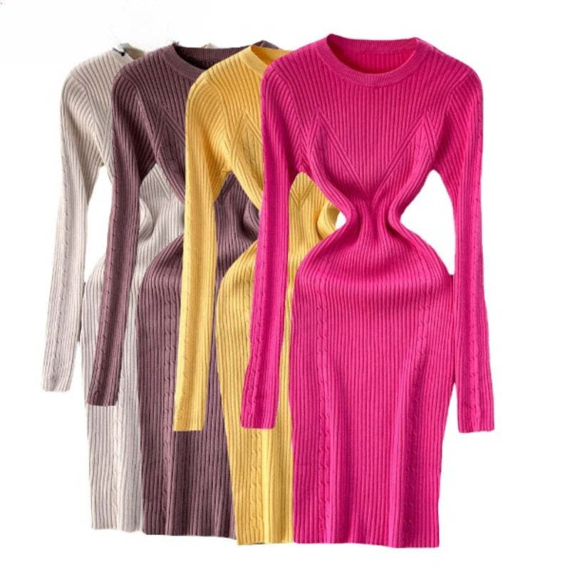 Elegant Winter O-Neck Knit Sweater Dress For Women-Soco Hoodie