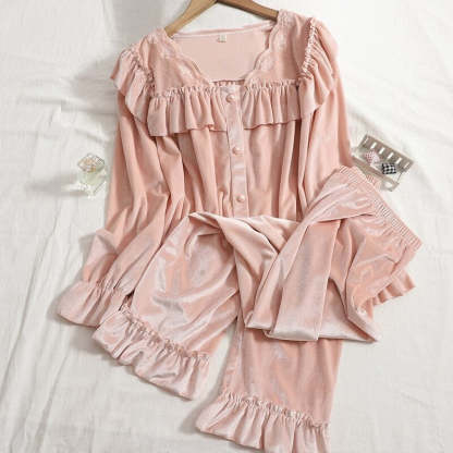 Loose Long-Sleeved Women's Ruffles Velvet Suit Set-Soco Hoodie