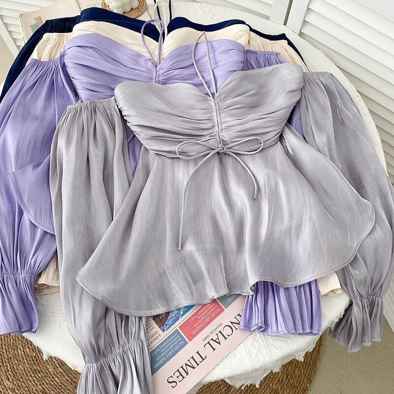 Stylish Pleated Drawstring Lace Off-Shoulder Shirt Blouses For Women-Soco Hoodie