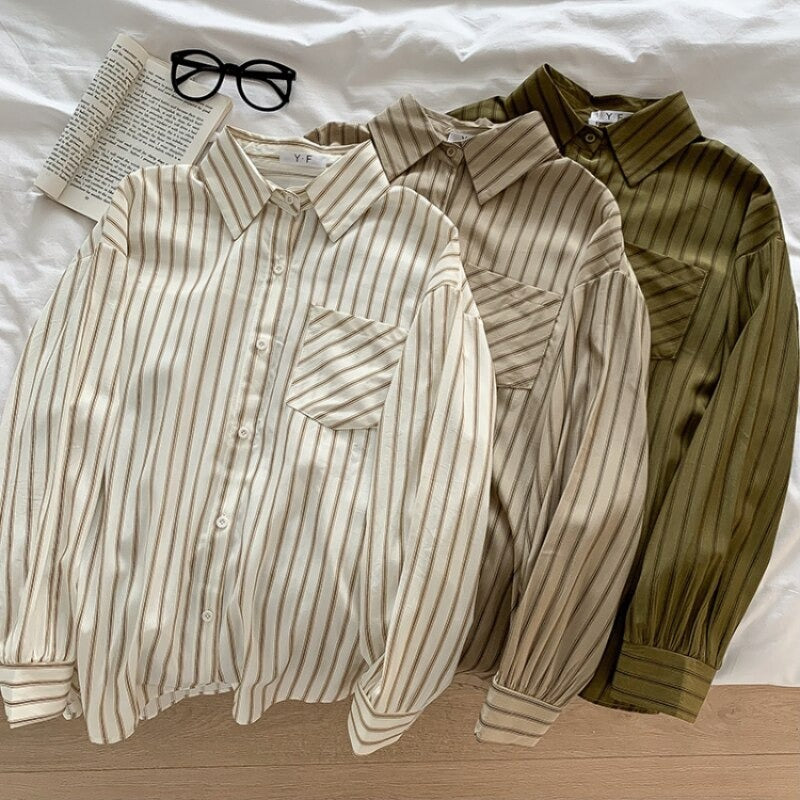 Korean Vertical Striped Long-Sleeved Shirt For Women-Soco Hoodie