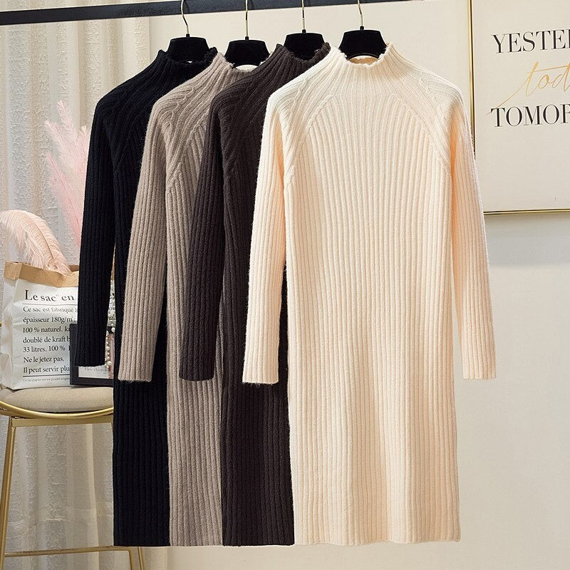 Korean Mock Neck Knitted Dress For Women-Soco Hoodie