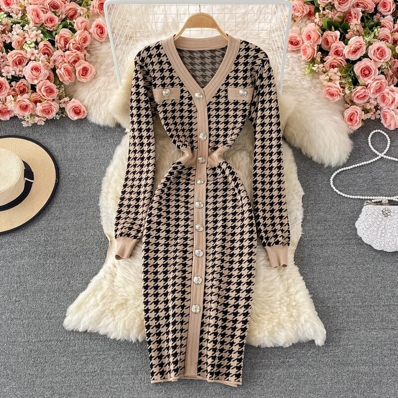 Elegant Plaid Houndstooth Knitted Dress For Women-Soco Hoodie