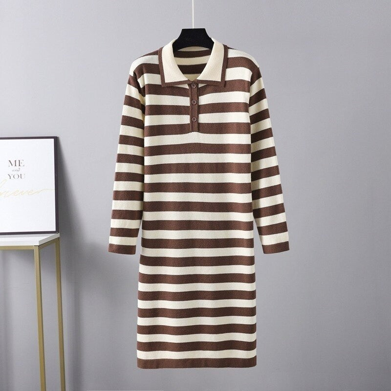 Casual Loose Stripe Knitted Warm Sweater Dress For Women-Soco Hoodie