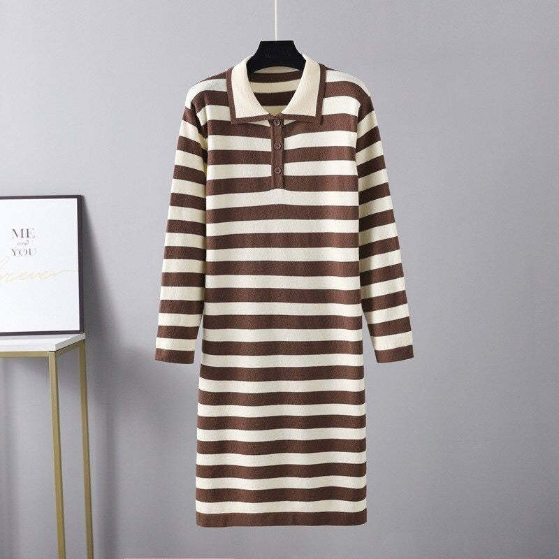 Casual Loose Stripe Knitted Warm Sweater Dress For Women-Soco Hoodie