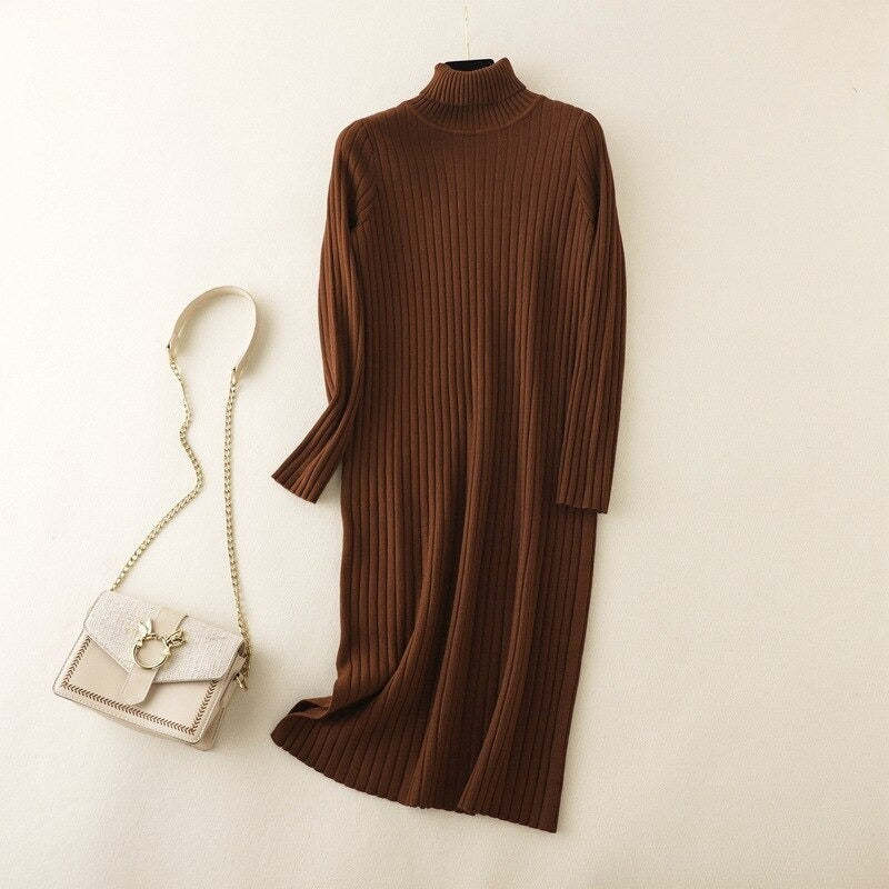 Turtleneck Long Knitted Sweater Dress For Women-Soco Hoodie