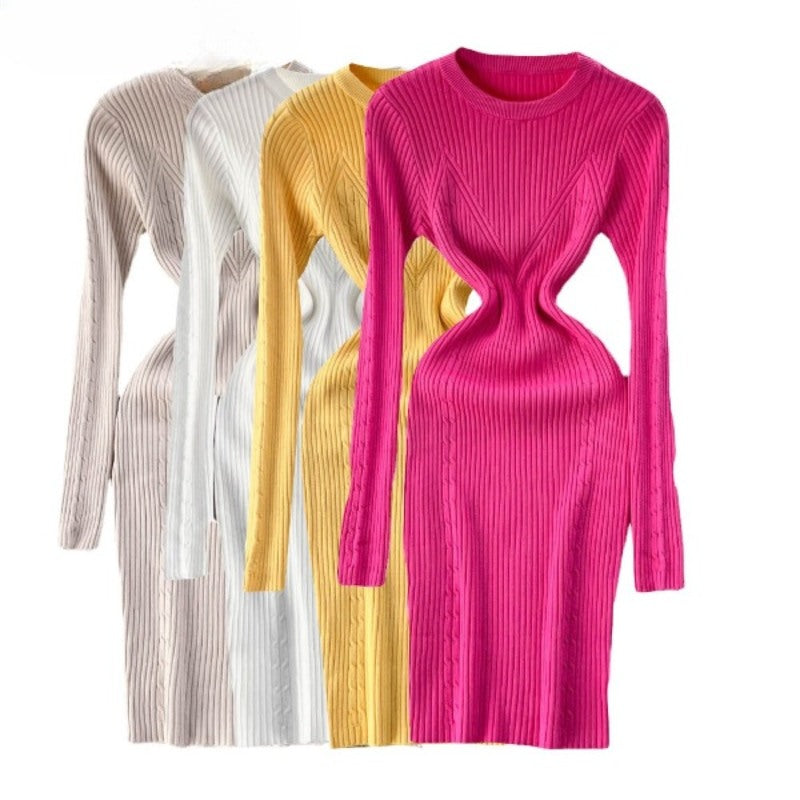 Elegant Winter O-Neck Knit Sweater Dress For Women-Soco Hoodie
