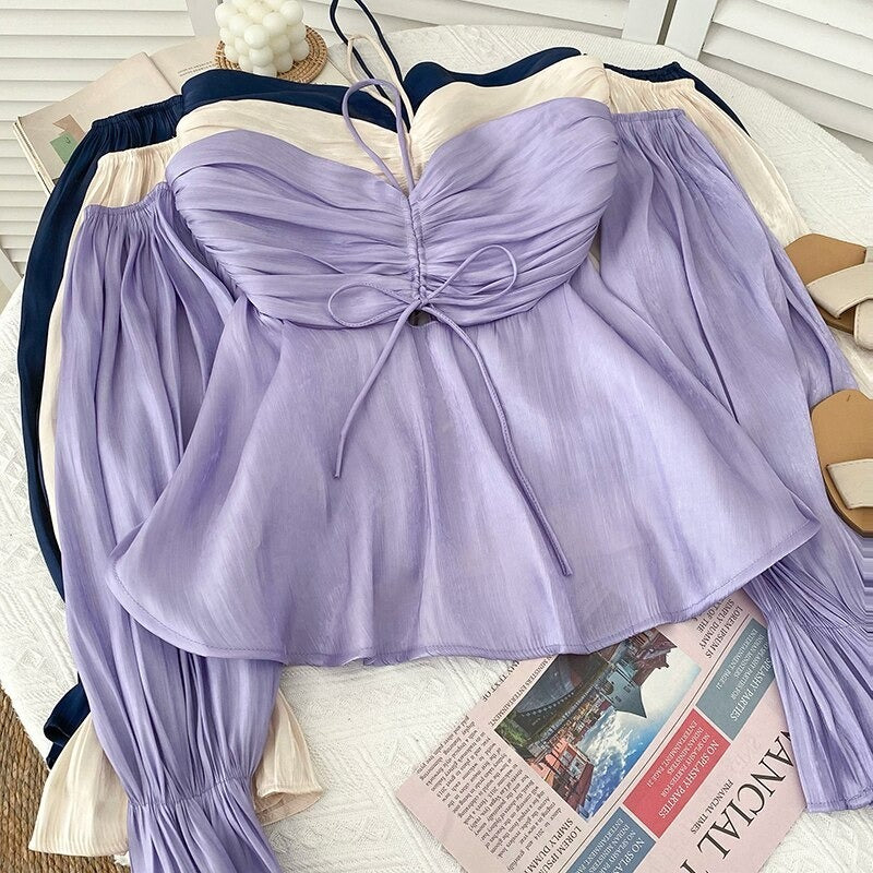 Stylish Pleated Drawstring Lace Off-Shoulder Shirt Blouses For Women-Soco Hoodie