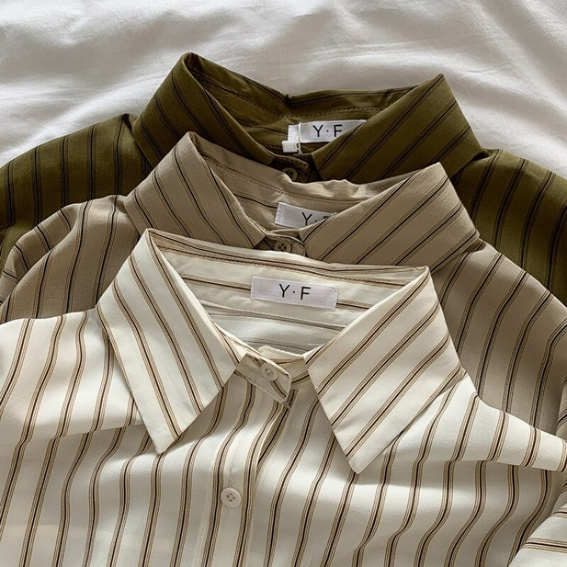 Korean Vertical Striped Long-Sleeved Shirt For Women-Soco Hoodie